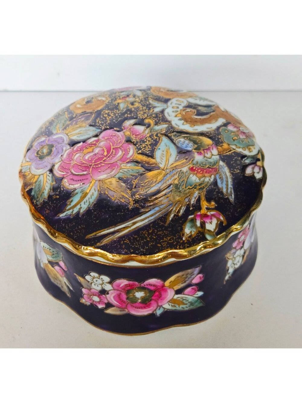 Vintage Asian inspired Purple & gold Porcelain Trinket Box With Floral & Bird De